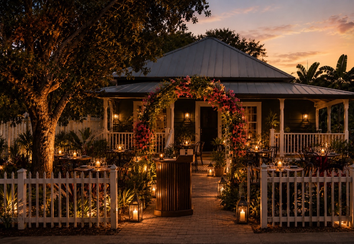 Concept rendering of an intimate garden dining area with warm lighting